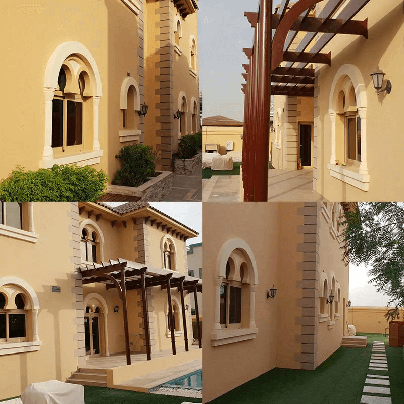 A collage of photos showing the exterior of a house after being painted white. The left side shows the house with peeling paint and overgrown shrubs. The right side shows the house with a fresh coat of white paint, black trim, and a landscaped yard.