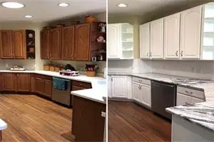 Before and after images of a kitchen remodel. The "before" image shows a traditional kitchen with dark countertops and wooden cabinets. The "after" image shows a modern kitchen with white countertops, updated hardware, and the same wooden cabinets in a lighter stain.